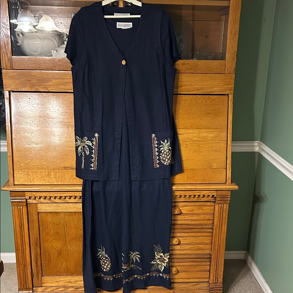 Jessica Howard Linen Blend Navy Short Sleeve Dress & Vest Embroidered Tropical